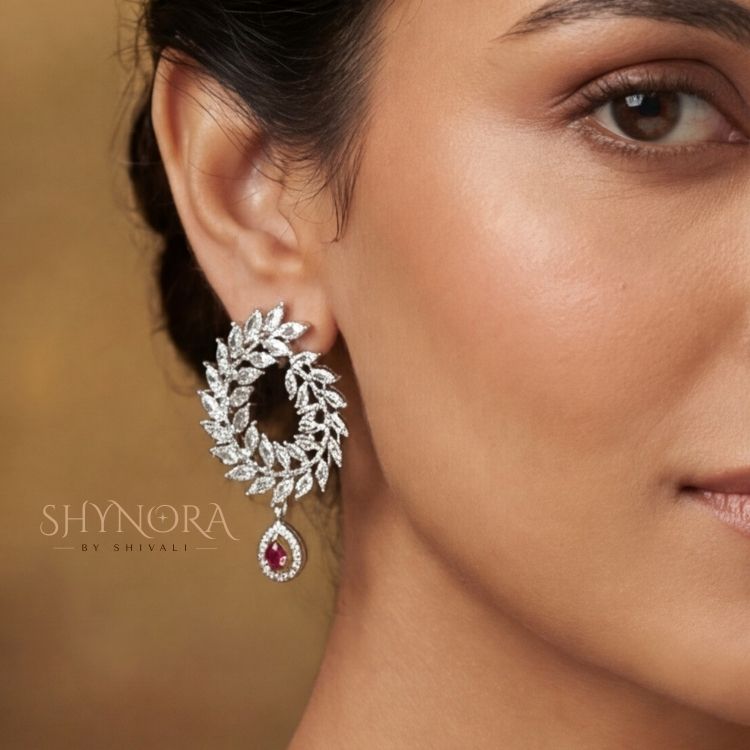 Silver Finish AD Broad Choker Set with Ruby Red Drop & Maang Tikka