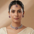 Silver Finish AD Floral Choker Set with Ruby Red Center & Maang Tikka