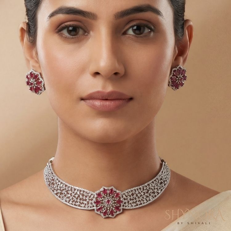 Silver Finish AD Floral Choker Set with Ruby Red Center & Maang Tikka