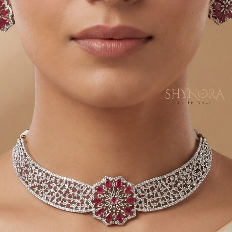 Silver Finish AD Floral Choker Set with Ruby Red Center & Maang Tikka