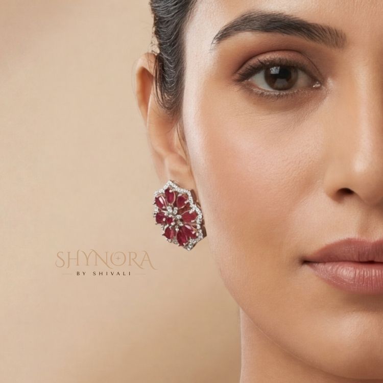 Silver Finish AD Floral Choker Set with Ruby Red Center & Maang Tikka