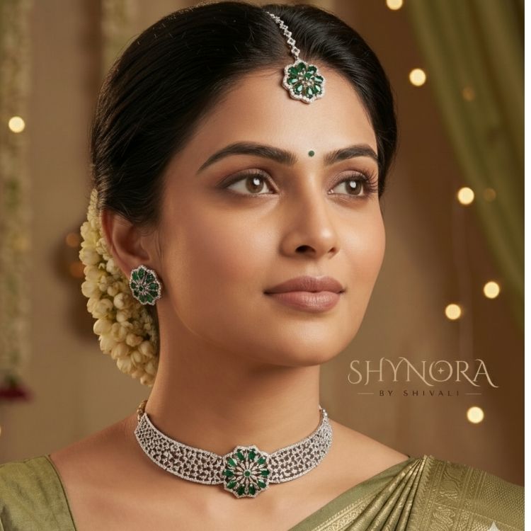 Silver Finish AD Emerald Green Floral Choker Set with Maang Tikka