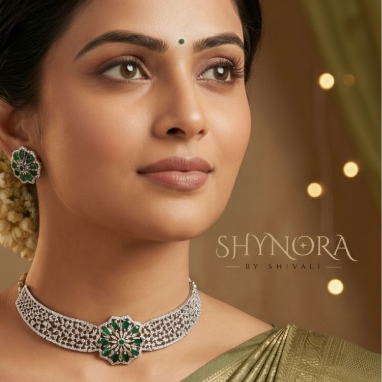 Silver Finish AD Emerald Green Floral Choker Set with Maang Tikka
