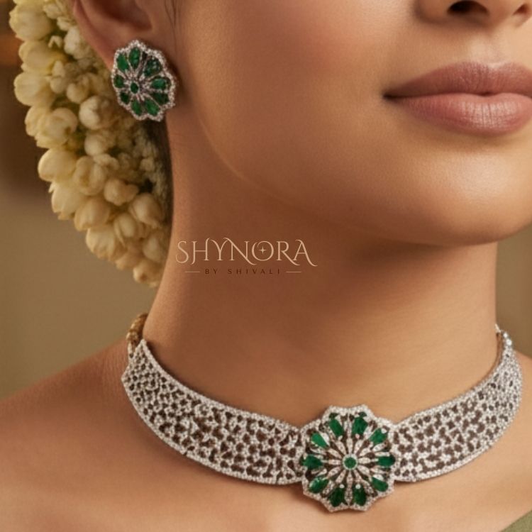 Silver Finish AD Emerald Green Floral Choker Set with Maang Tikka