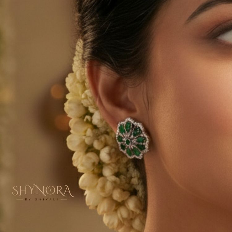 Silver Finish AD Emerald Green Floral Choker Set with Maang Tikka