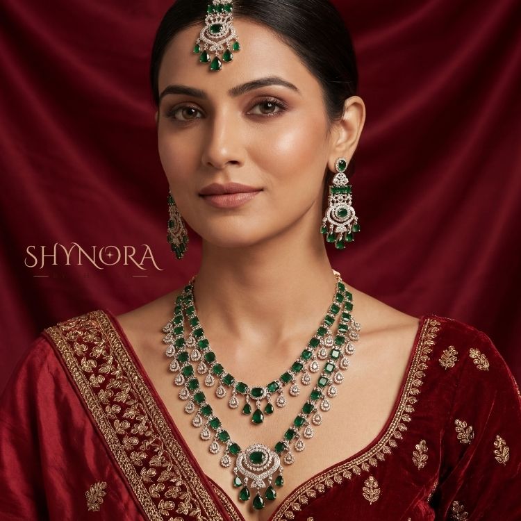 Royal Emerald Green Chandelier Necklace Set with Earrings & Maang Tikka