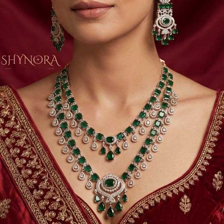 Royal Emerald Green Chandelier Necklace Set with Earrings & Maang Tikka