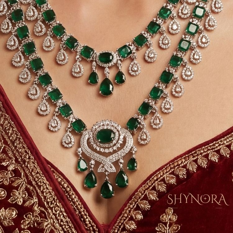 Royal Emerald Green Chandelier Necklace Set with Earrings & Maang Tikka