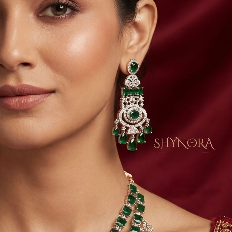 Royal Emerald Green Chandelier Necklace Set with Earrings & Maang Tikka