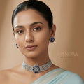 Silver Finish AD Sapphire Blue Floral Choker Set with Maang Tikka