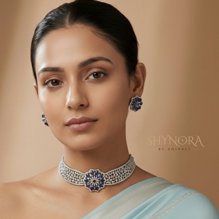 Silver Finish AD Sapphire Blue Floral Choker Set with Maang Tikka