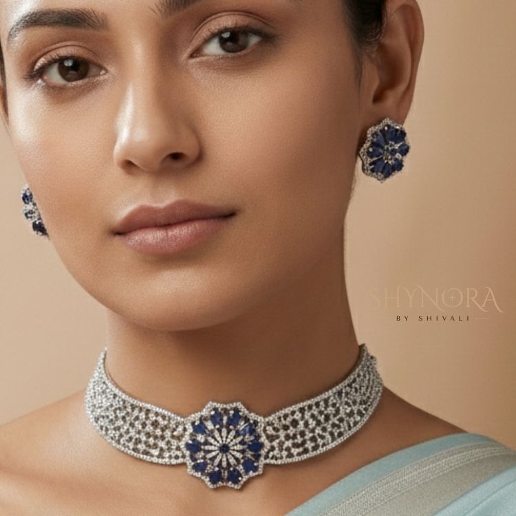 Silver Finish AD Sapphire Blue Floral Choker Set with Maang Tikka