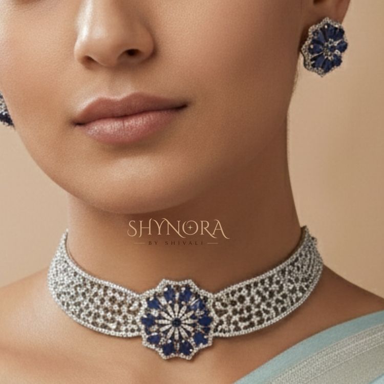 Silver Finish AD Sapphire Blue Floral Choker Set with Maang Tikka