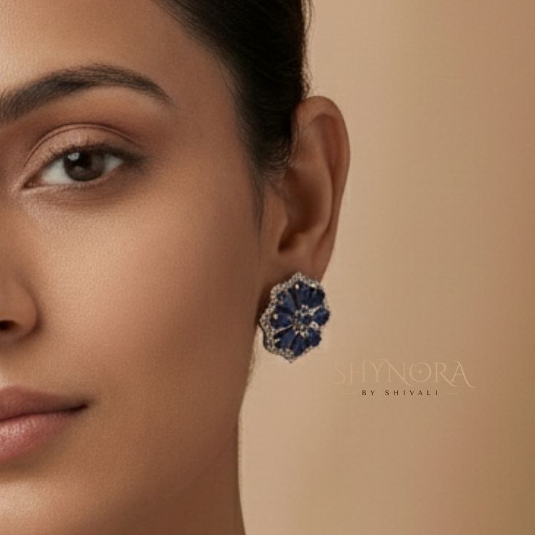 Silver Finish AD Sapphire Blue Floral Choker Set with Maang Tikka