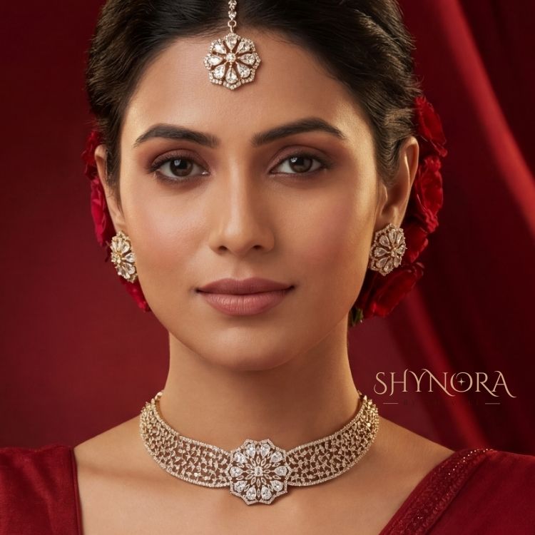 Gold Finish AD White Floral Choker Set with Maang Tikka