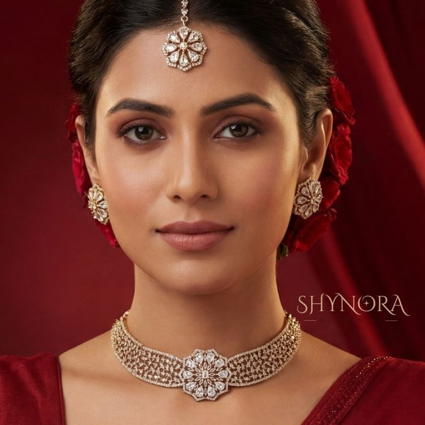 Gold Finish AD White Floral Choker Set with Maang Tikka
