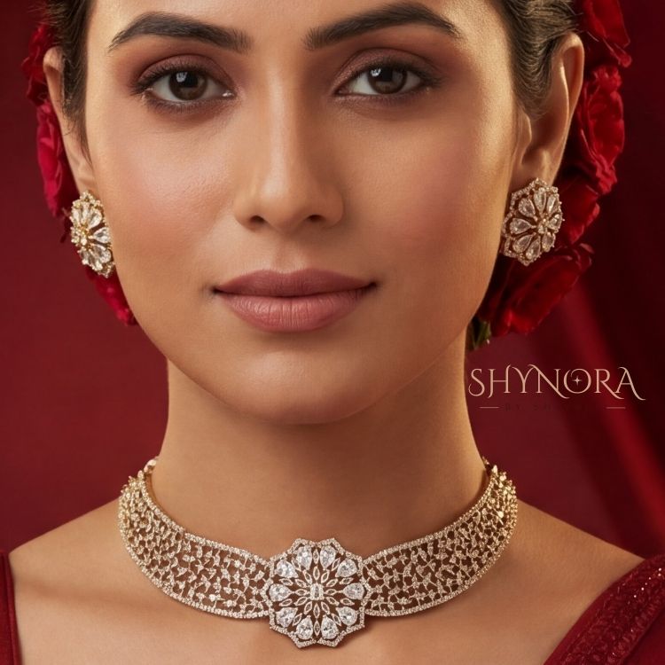 Gold Finish AD White Floral Choker Set with Maang Tikka