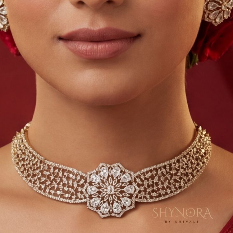Gold Finish AD White Floral Choker Set with Maang Tikka