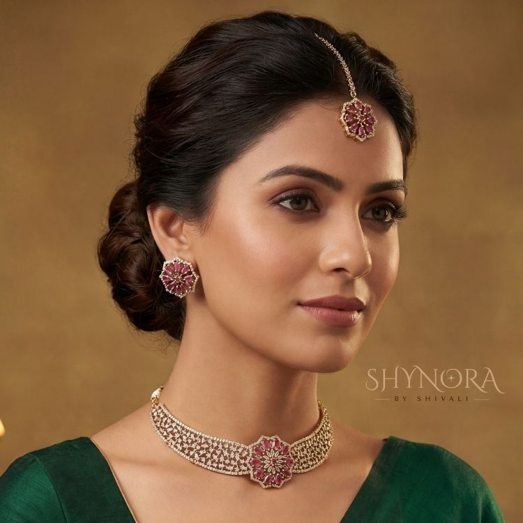 Ruby Red Floral AD Choker Set with Maang Tikka