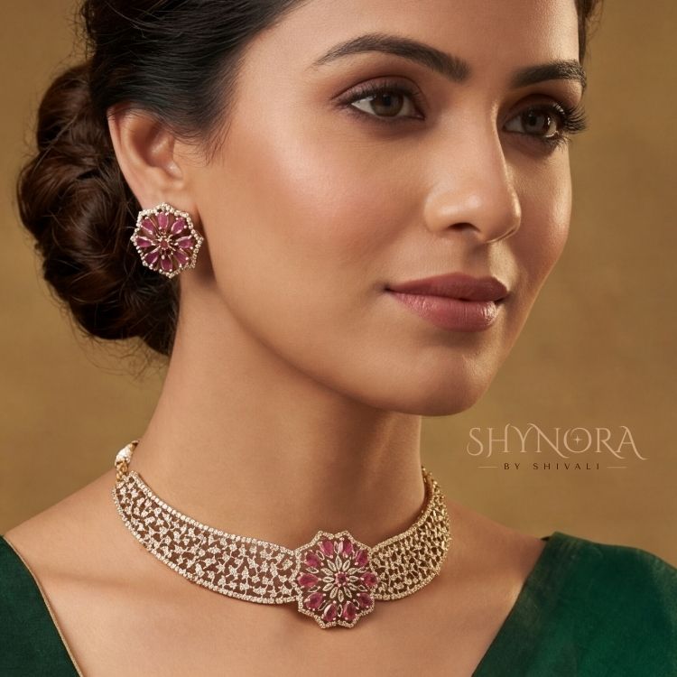 Ruby Red Floral AD Choker Set with Maang Tikka