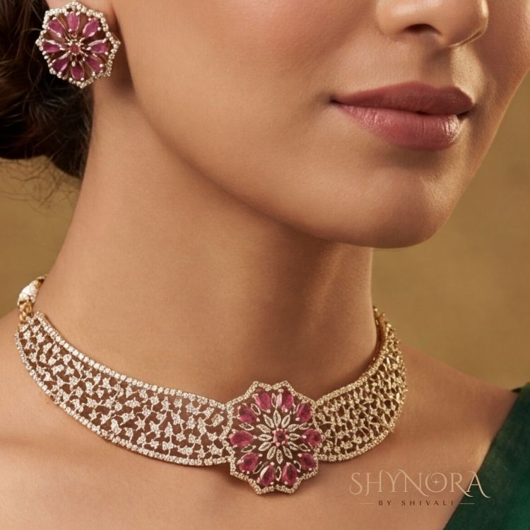 Ruby Red Floral AD Choker Set with Maang Tikka
