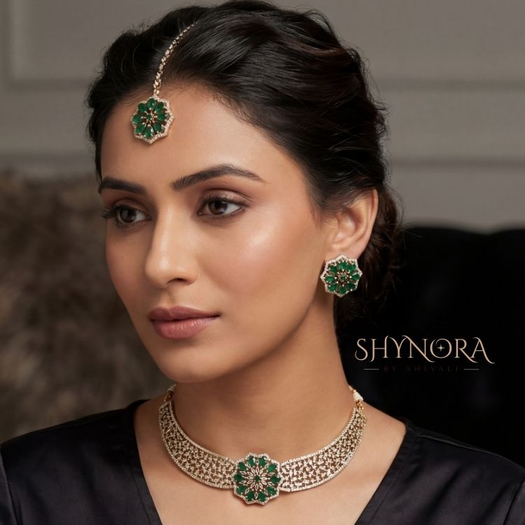Emerald Green Floral AD Choker Set with Maang Tikka