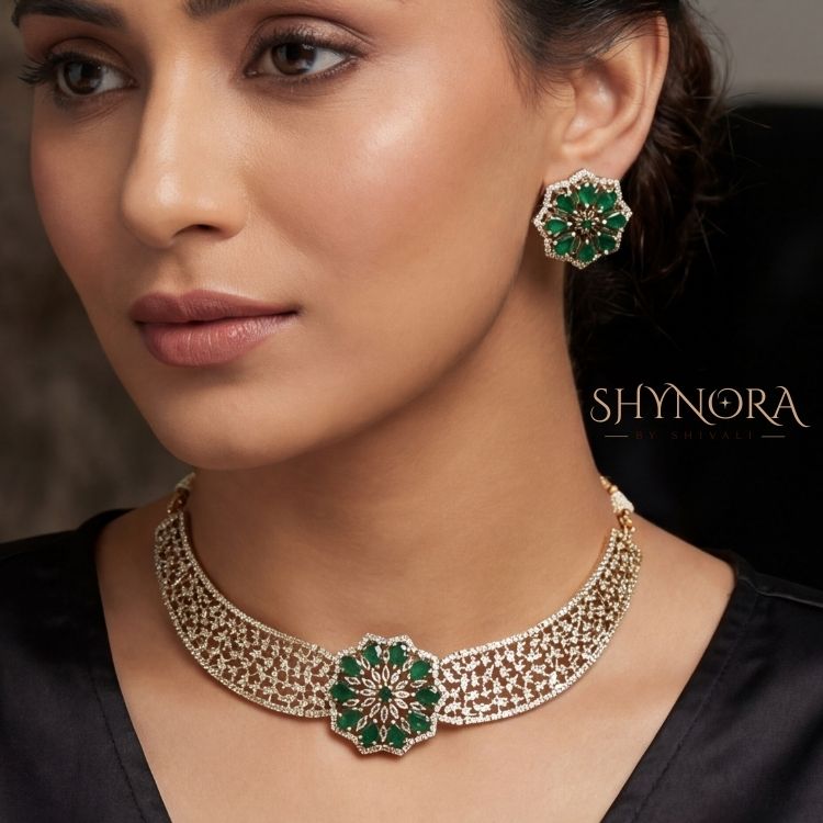 Emerald Green Floral AD Choker Set with Maang Tikka