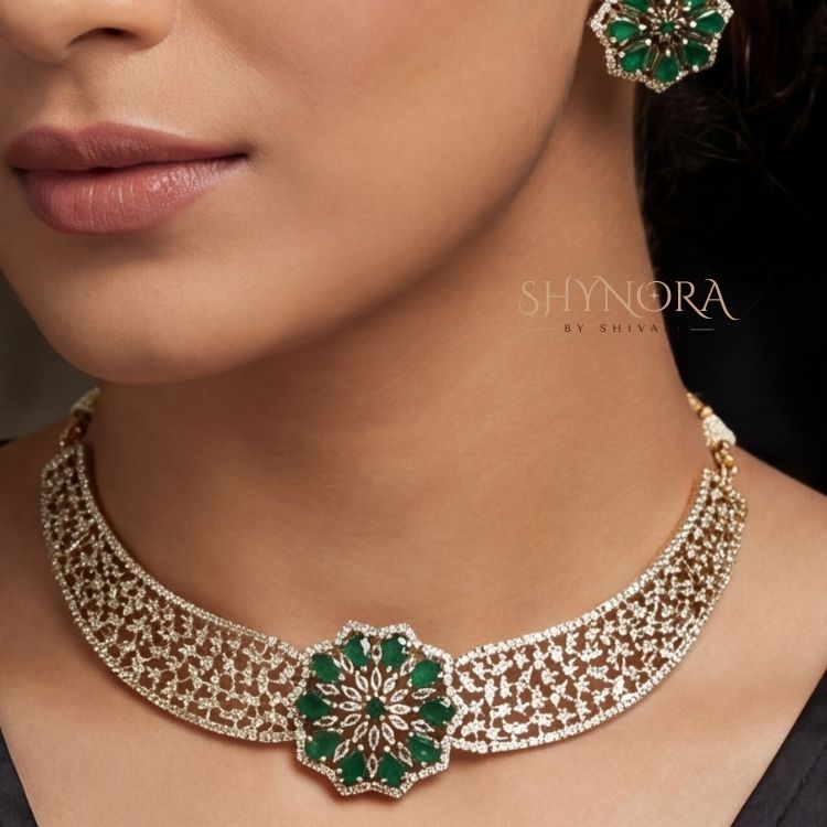 Emerald Green Floral AD Choker Set with Maang Tikka