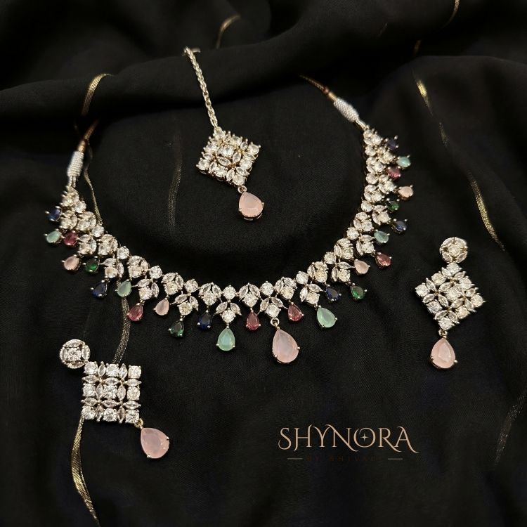 Multi-Color AD Necklace Set with Pastel Drop & Maang Tikka