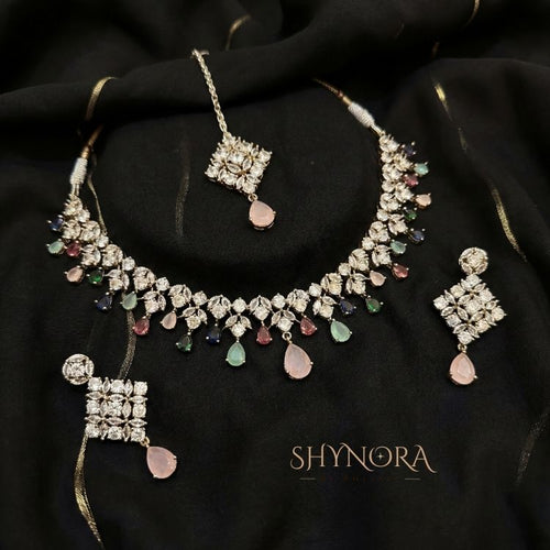 Multi-Color AD Necklace Set with Pastel Drop & Maang Tikka