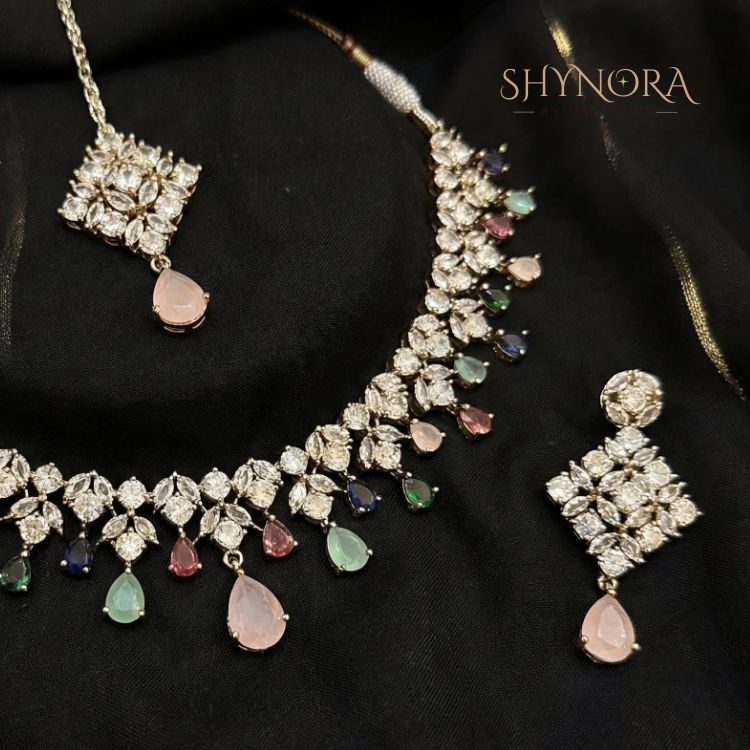 Multi-Color AD Necklace Set with Pastel Drop & Maang Tikka