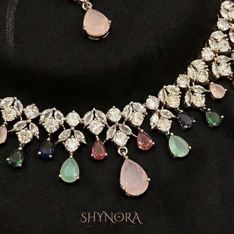 Multi-Color AD Necklace Set with Pastel Drop & Maang Tikka