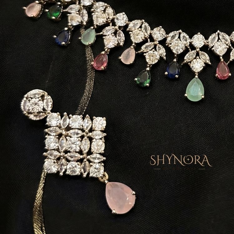 Multi-Color AD Necklace Set with Pastel Drop & Maang Tikka