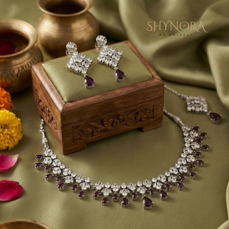 Purple Drop AD Necklace Set with Matching Earrings & Maang Tikka