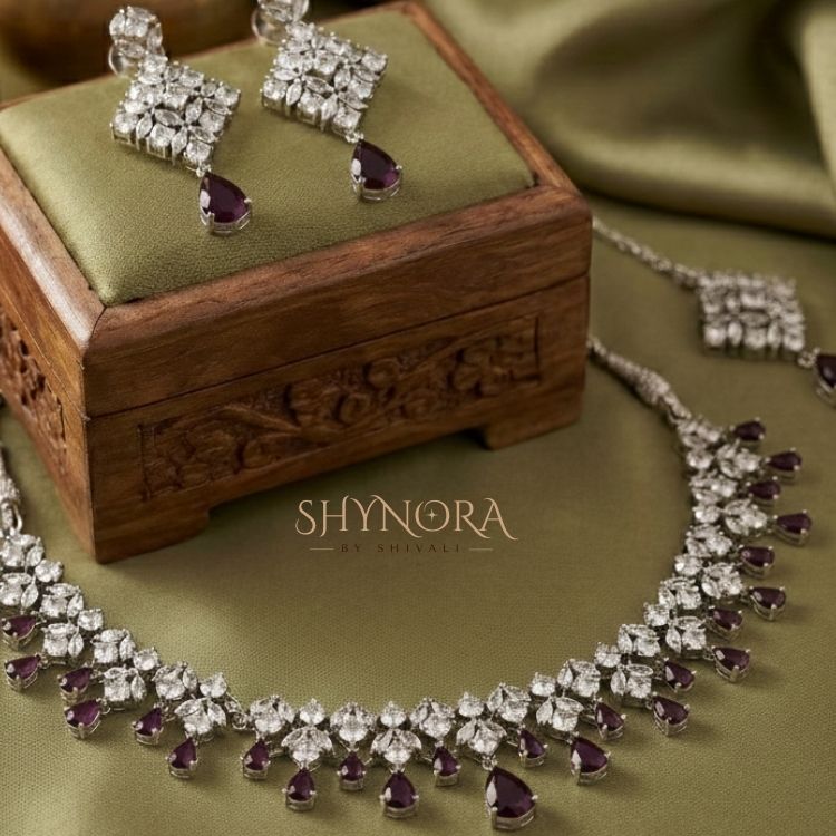 Purple Drop AD Necklace Set with Matching Earrings & Maang Tikka