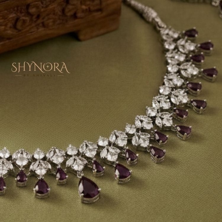 Purple Drop AD Necklace Set with Matching Earrings & Maang Tikka