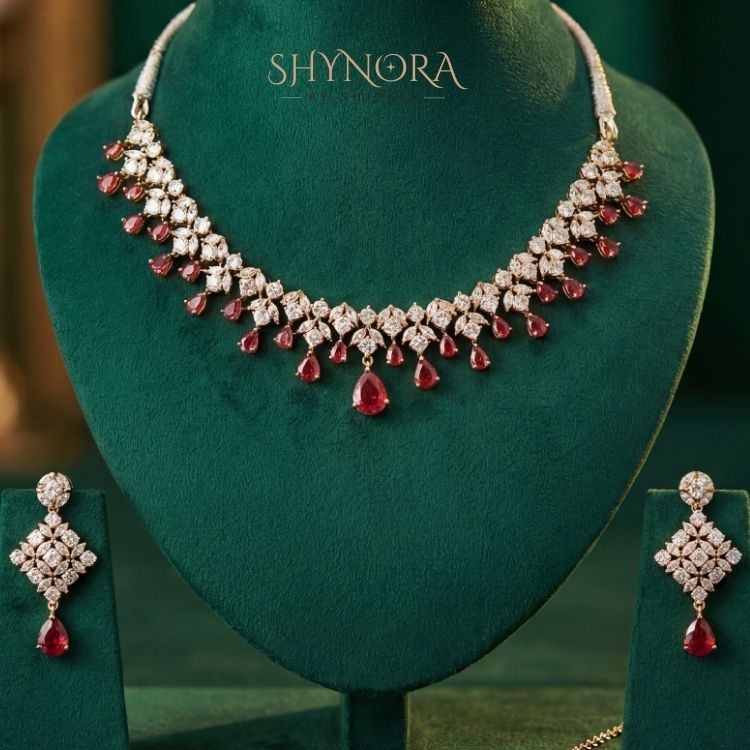 Ruby Red Drop AD Necklace Set with Earrings & Maang Tikka