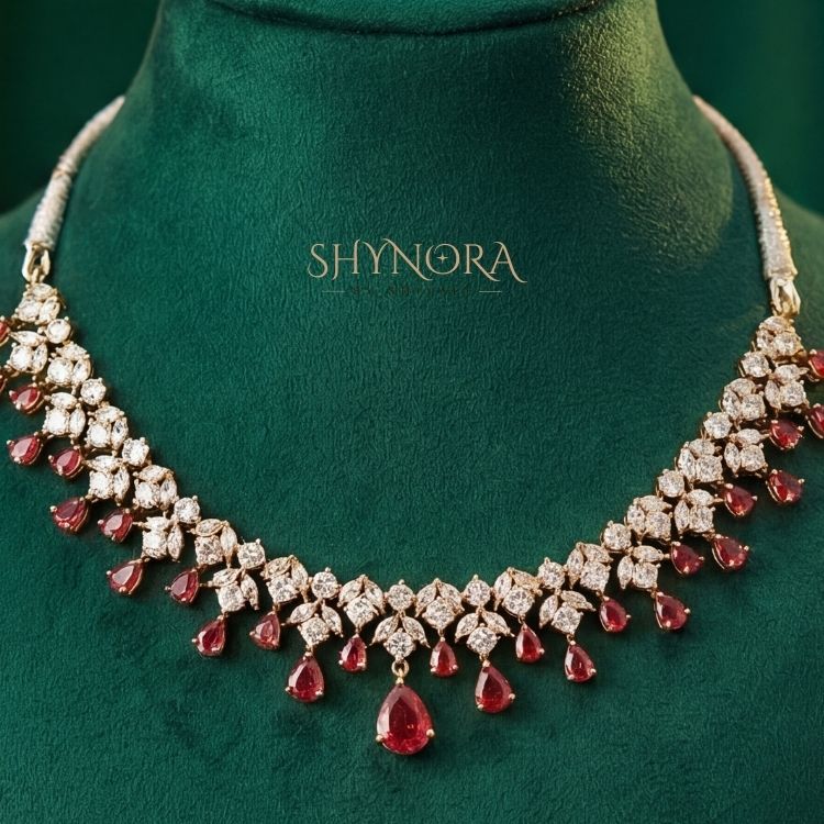 Ruby Red Drop AD Necklace Set with Earrings & Maang Tikka