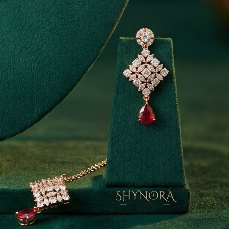 Ruby Red Drop AD Necklace Set with Earrings & Maang Tikka