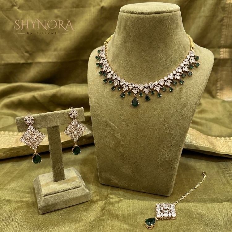 Emerald Green Drop AD Necklace Set with Earrings & Maang Tikka