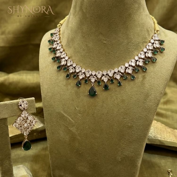 Emerald Green Drop AD Necklace Set with Earrings & Maang Tikka