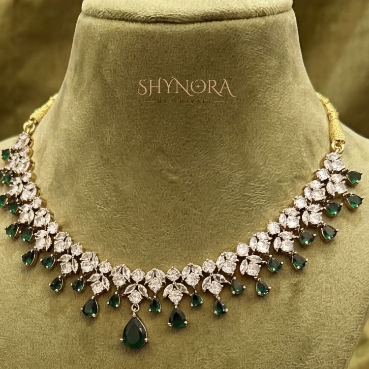 Emerald Green Drop AD Necklace Set with Earrings & Maang Tikka