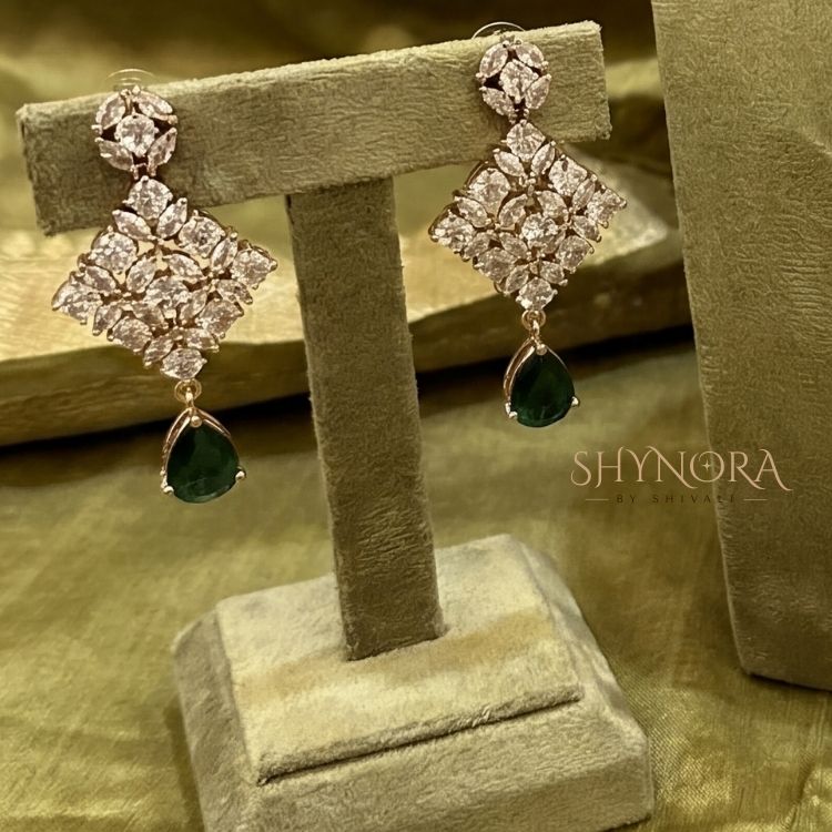 Emerald Green Drop AD Necklace Set with Earrings & Maang Tikka