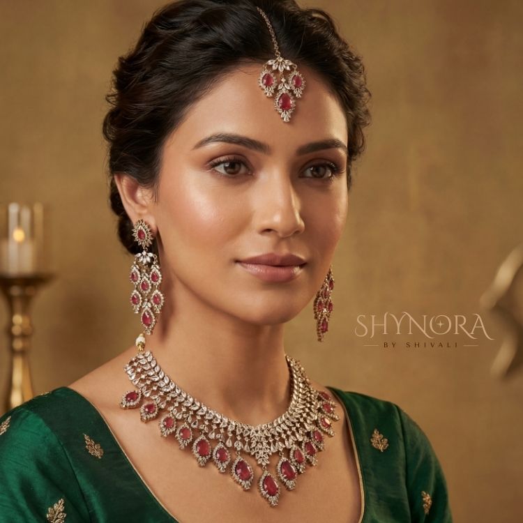Royal Ruby Red AD Bridal Necklace Set with Earrings & Maang Tikka