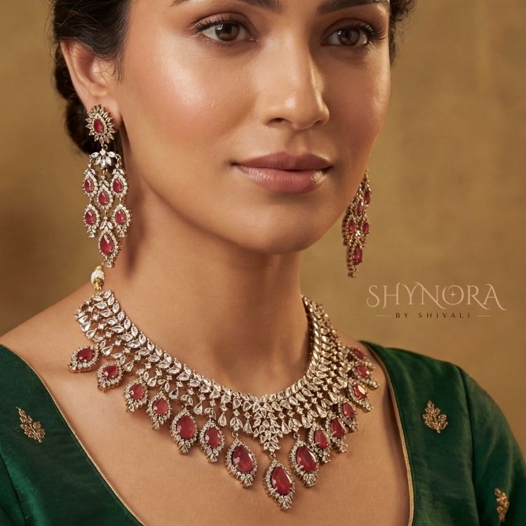 Royal Ruby Red AD Bridal Necklace Set with Earrings & Maang Tikka