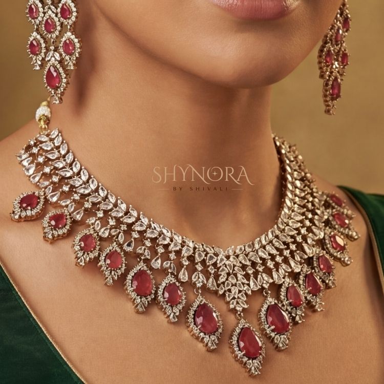 Royal Ruby Red AD Bridal Necklace Set with Earrings & Maang Tikka