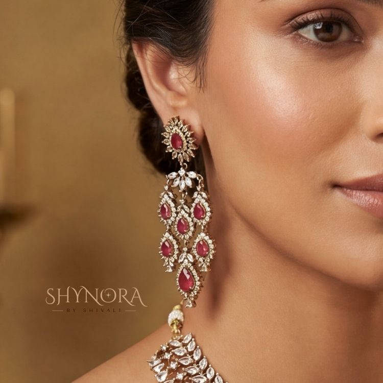 Royal Ruby Red AD Bridal Necklace Set with Earrings & Maang Tikka