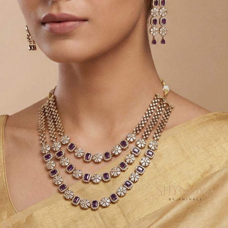 Royal Purple AD Triple Layer Necklace Set with Earrings