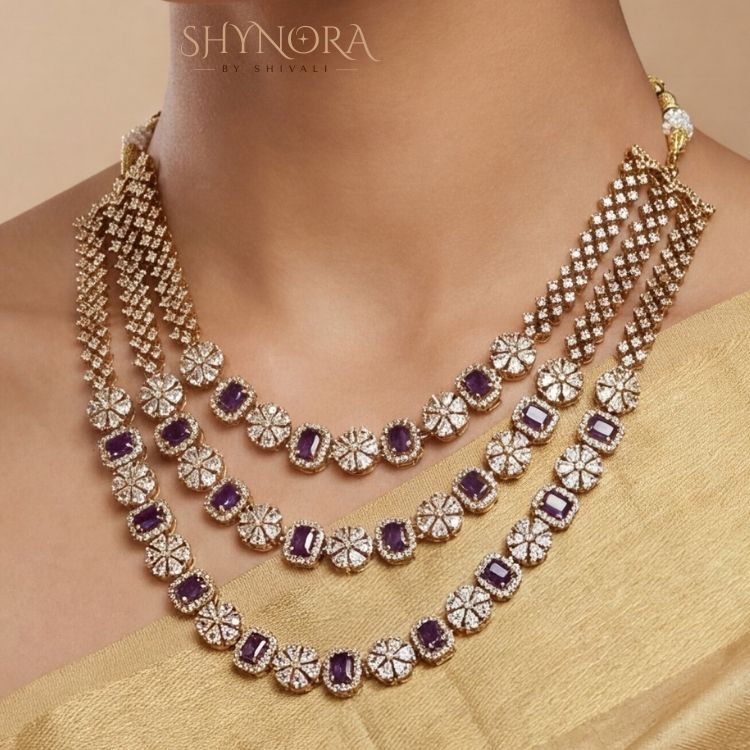 Royal Purple AD Triple Layer Necklace Set with Earrings