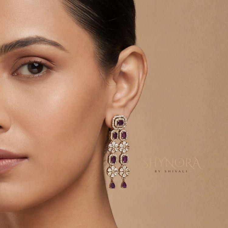 Royal Purple AD Triple Layer Necklace Set with Earrings